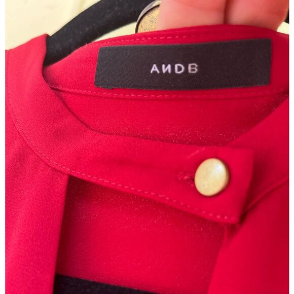 ANDB rich red long sleeved blouse, overlapping flap draped at waist, neck flap M - Picture 4 of 9